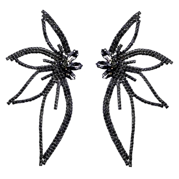 4 Inch Art Deco Black Abstract Flower Statement Earrings Crystal Butterfly Wings - Picture 5 of 7